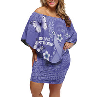 Polynesia Stomach Cancer Awareness Family Matching Off Shoulder Short Dress and Hawaiian Shirt Periwinkle Ribbon Brave Strong! LT14 Mom's Dress Periwinkle - Polynesian Pride