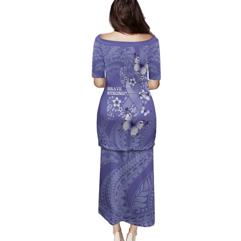 Polynesia Stomach Cancer Awareness Family Matching Puletasi and Hawaiian Shirt Periwinkle Ribbon Brave Strong!
