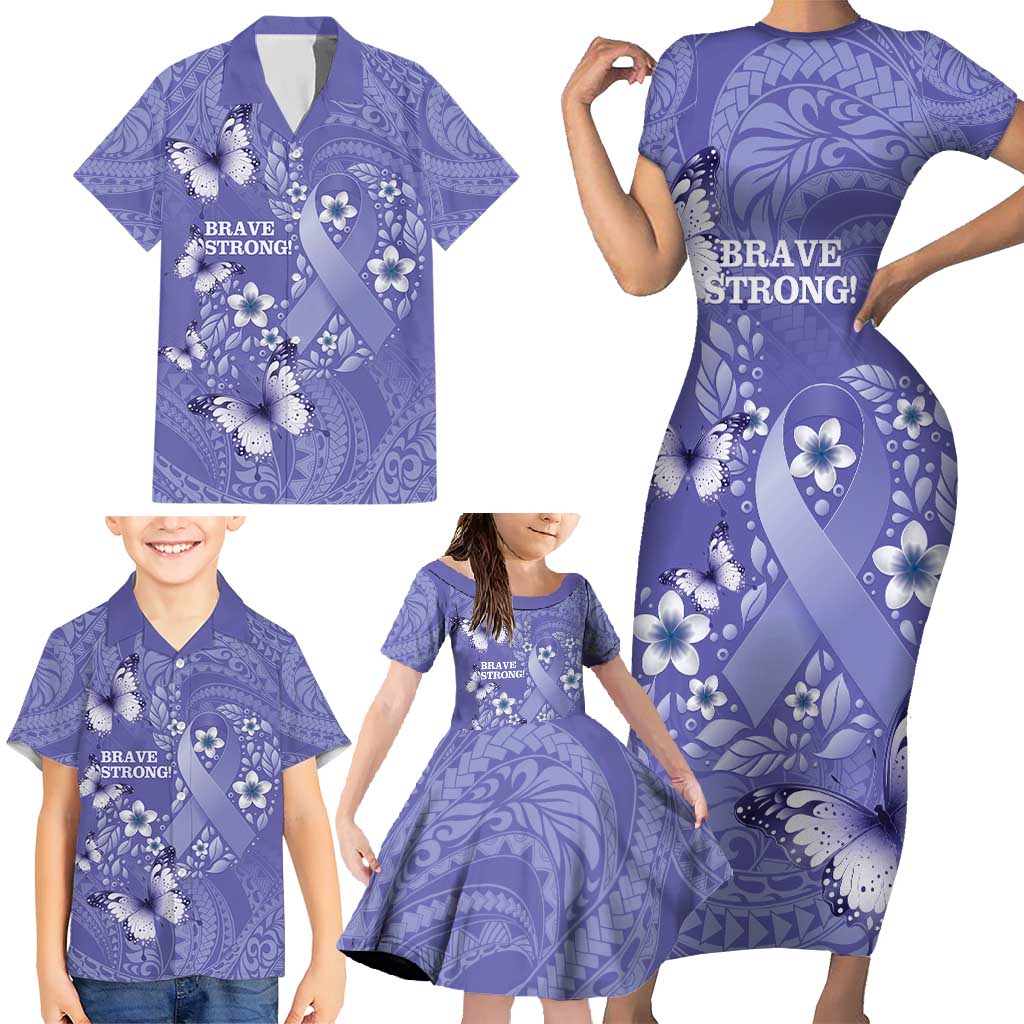 Polynesia Stomach Cancer Awareness Family Matching Short Sleeve Bodycon Dress and Hawaiian Shirt Periwinkle Ribbon Brave Strong! LT14 - Polynesian Pride