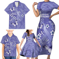 Polynesia Stomach Cancer Awareness Family Matching Short Sleeve Bodycon Dress and Hawaiian Shirt Periwinkle Ribbon Brave Strong! LT14 - Polynesian Pride