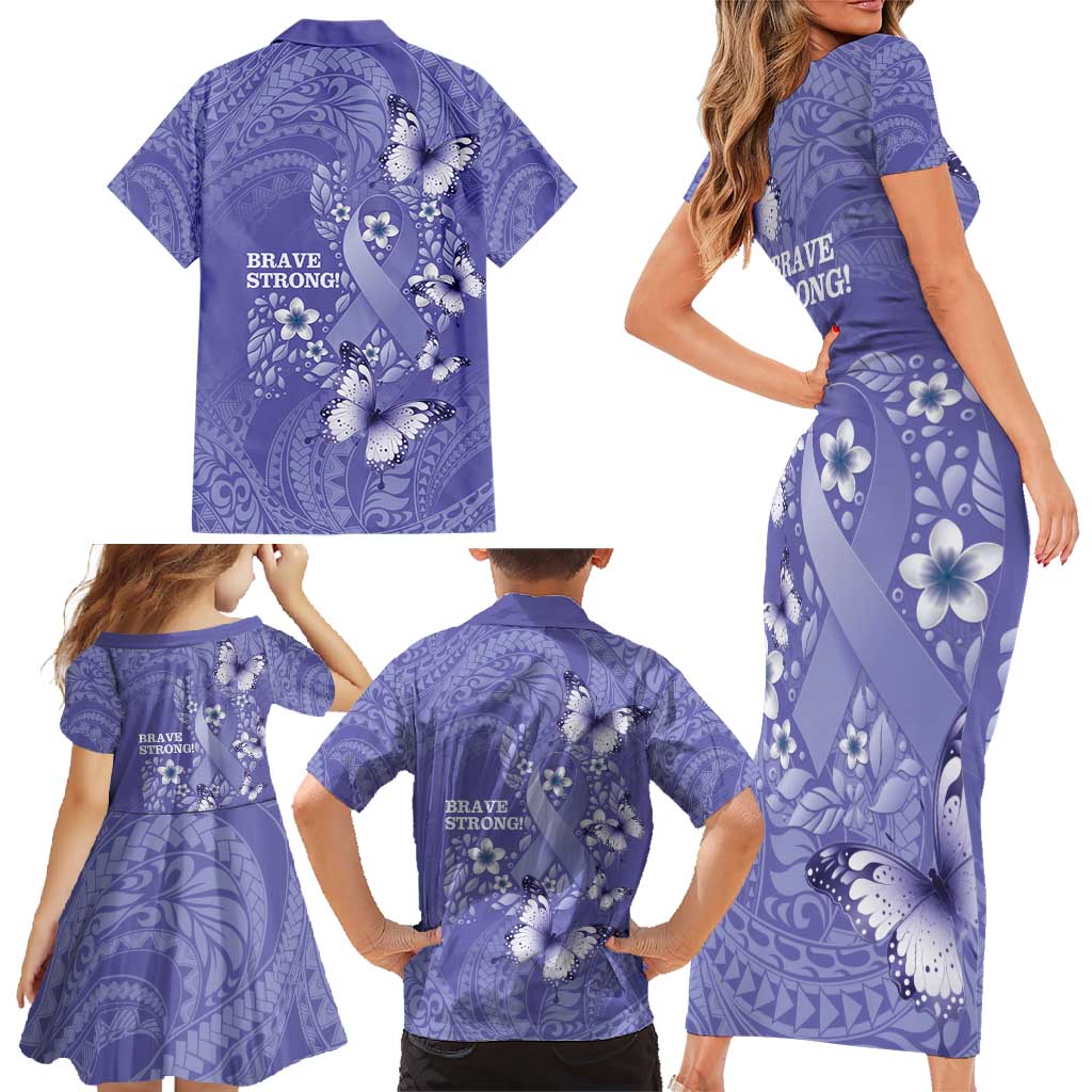 Polynesia Stomach Cancer Awareness Family Matching Short Sleeve Bodycon Dress and Hawaiian Shirt Periwinkle Ribbon Brave Strong! LT14 - Polynesian Pride