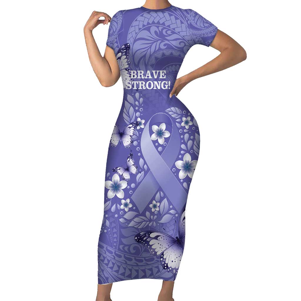 Polynesia Stomach Cancer Awareness Family Matching Short Sleeve Bodycon Dress and Hawaiian Shirt Periwinkle Ribbon Brave Strong! LT14 Mom's Dress Periwinkle - Polynesian Pride