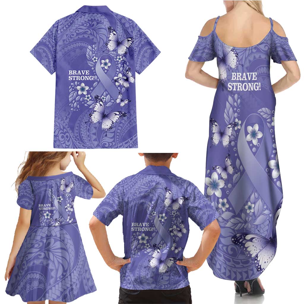 Polynesia Stomach Cancer Awareness Family Matching Summer Maxi Dress and Hawaiian Shirt Periwinkle Ribbon Brave Strong! LT14 - Polynesian Pride