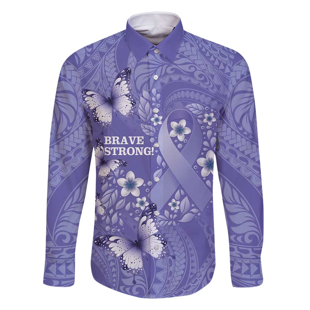 Polynesia Stomach Cancer Awareness Family Matching Tank Maxi Dress and Hawaiian Shirt Periwinkle Ribbon Brave Strong! LT14 Dad's Shirt - Long Sleeve Periwinkle - Polynesian Pride