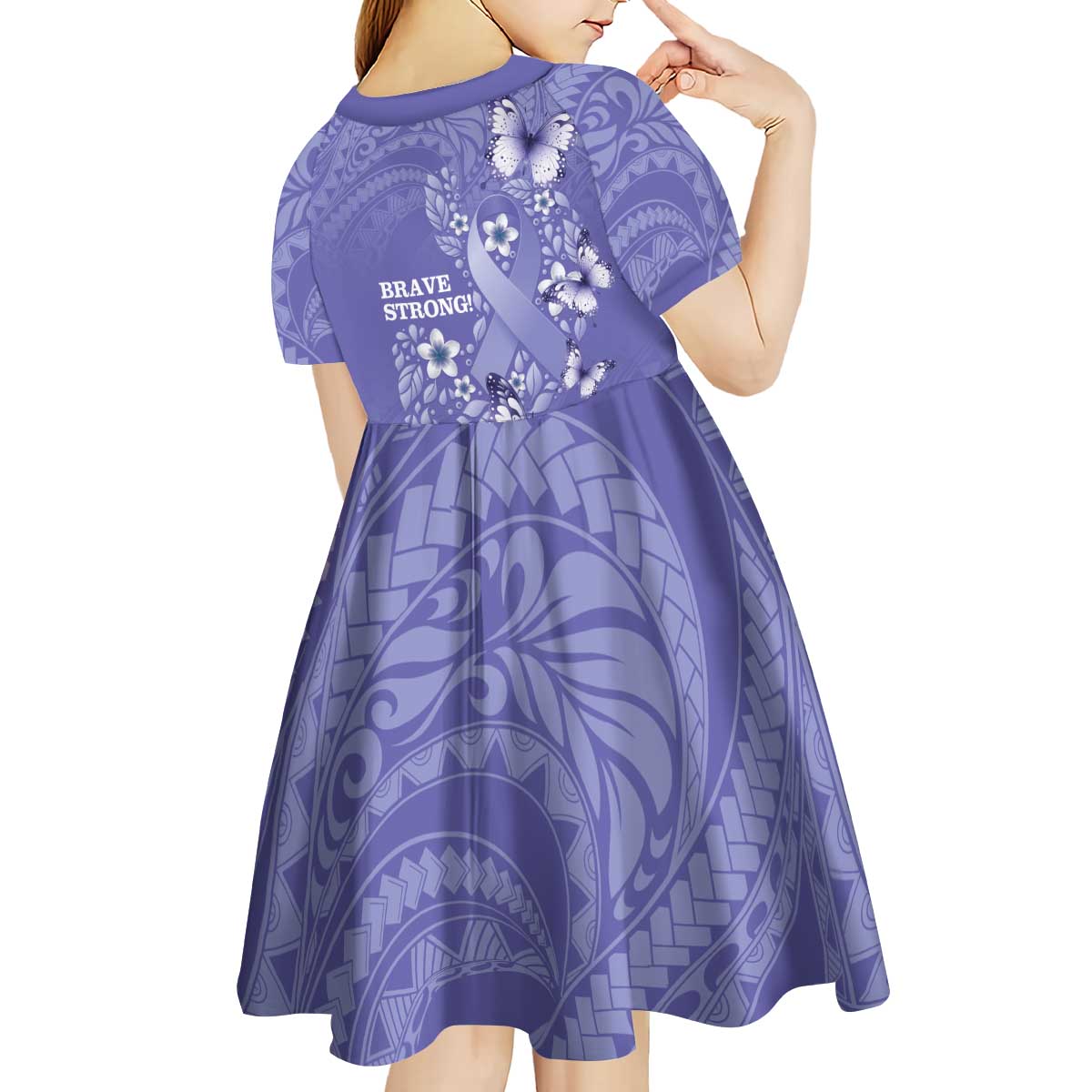 Polynesia Stomach Cancer Awareness Kid Short Sleeve Dress Periwinkle Ribbon Brave Strong!