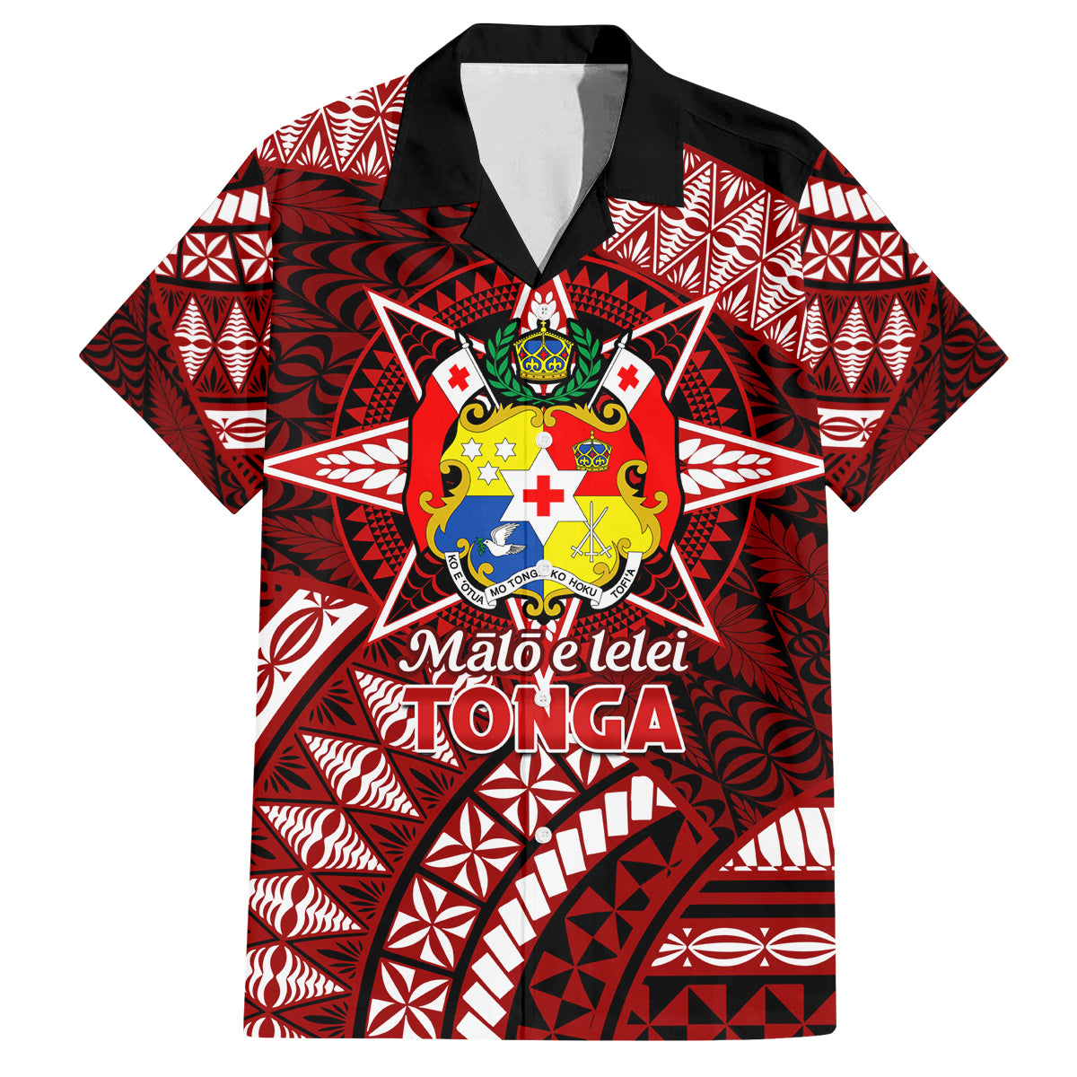 Malo e lelei Tonga Family Matching Off Shoulder Short Dress and Hawaiian Shirt Tongan Ngatu Pattern Red Version LT14 Dad's Shirt - Short Sleeve Red - Polynesian Pride