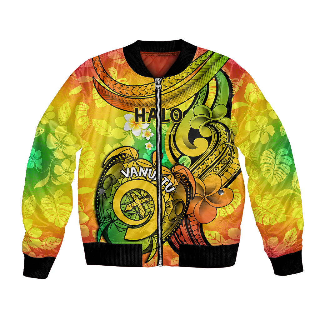 Halo Vanuatu Bomber Jacket Sand Drawing Turtle Polynesian Tropical Flowers LT14 Unisex Reggae - Polynesian Pride