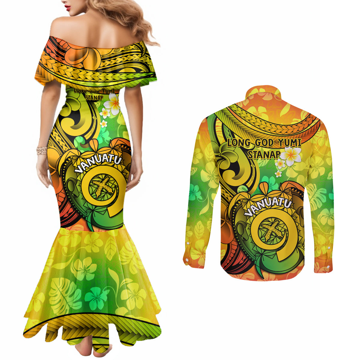 Halo Vanuatu Couples Matching Mermaid Dress and Long Sleeve Button Shirt Sand Drawing Turtle Polynesian Tropical Flowers LT14 - Polynesian Pride