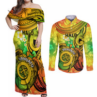 Halo Vanuatu Couples Matching Off Shoulder Maxi Dress and Long Sleeve Button Shirt Sand Drawing Turtle Polynesian Tropical Flowers LT14 Reggae - Polynesian Pride