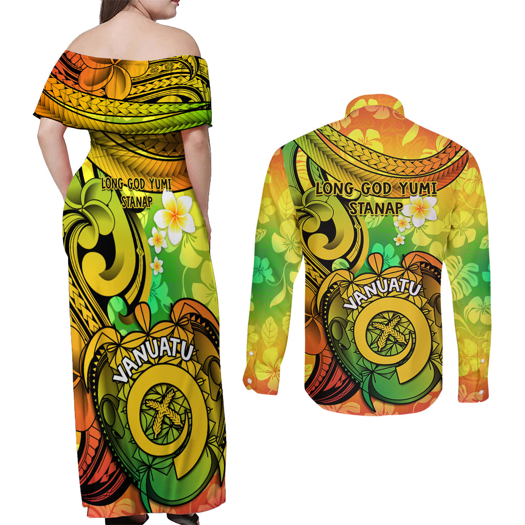 Halo Vanuatu Couples Matching Off Shoulder Maxi Dress and Long Sleeve Button Shirt Sand Drawing Turtle Polynesian Tropical Flowers LT14 - Polynesian Pride