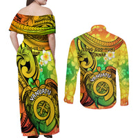 Halo Vanuatu Couples Matching Off Shoulder Maxi Dress and Long Sleeve Button Shirt Sand Drawing Turtle Polynesian Tropical Flowers LT14 - Polynesian Pride
