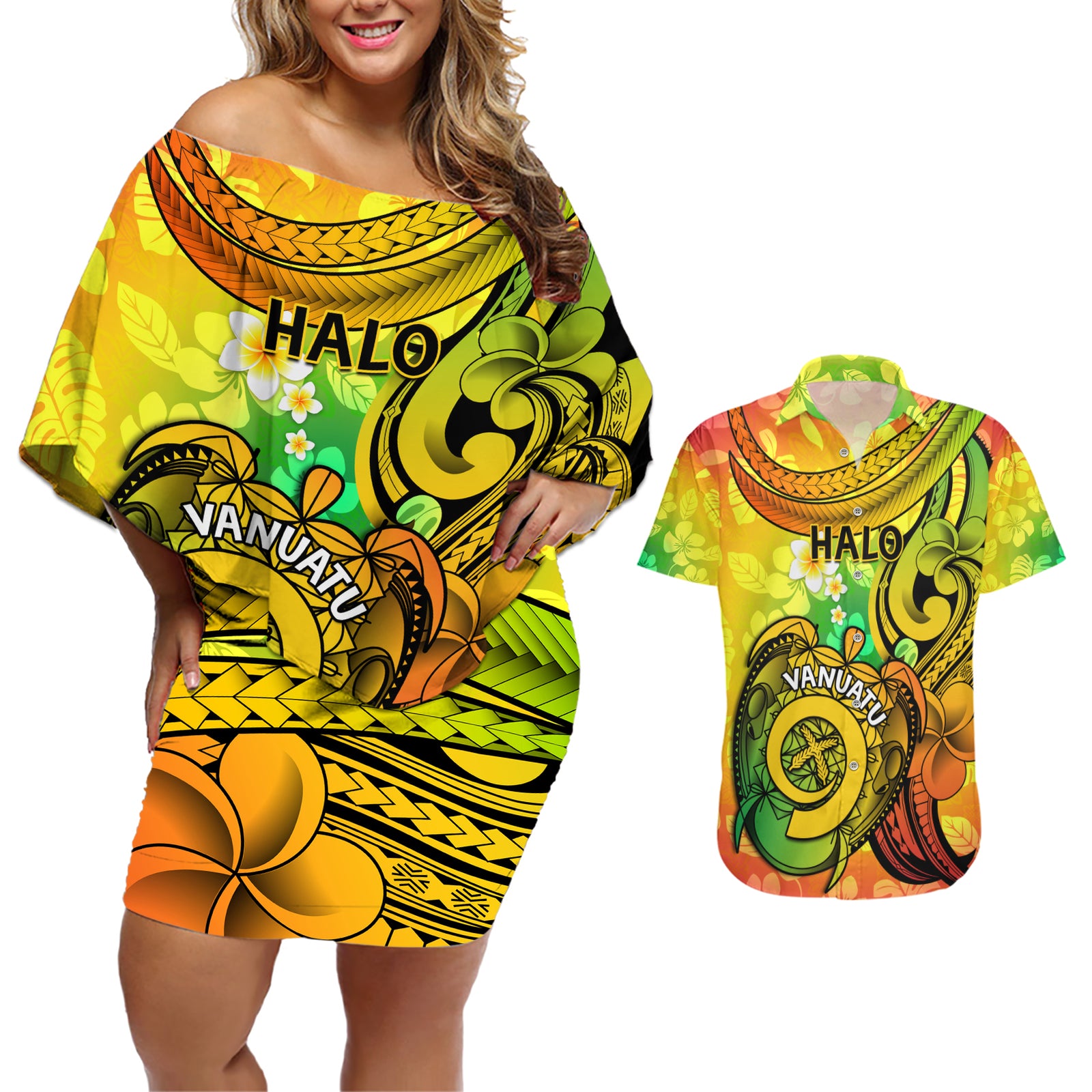 Halo Vanuatu Couples Matching Off Shoulder Short Dress and Hawaiian Shirt Sand Drawing Turtle Polynesian Tropical Flowers LT14 Reggae - Polynesian Pride