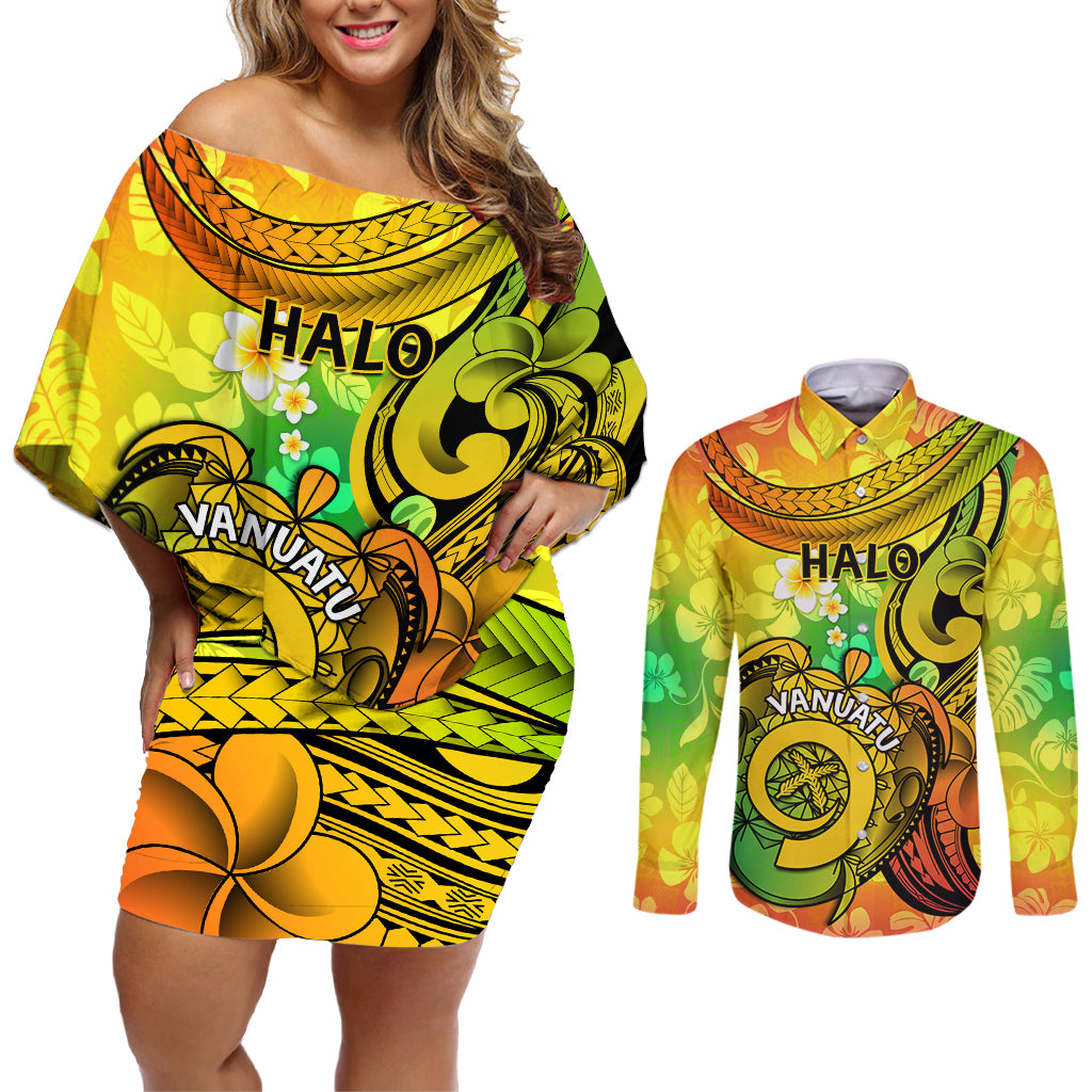 Halo Vanuatu Couples Matching Off Shoulder Short Dress and Long Sleeve Button Shirt Sand Drawing Turtle Polynesian Tropical Flowers LT14 Reggae - Polynesian Pride