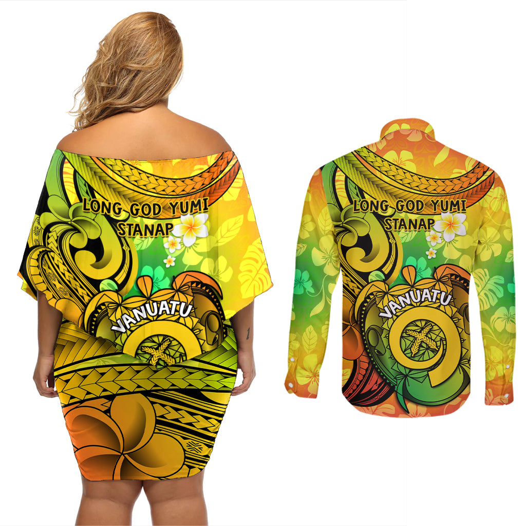 Halo Vanuatu Couples Matching Off Shoulder Short Dress and Long Sleeve Button Shirt Sand Drawing Turtle Polynesian Tropical Flowers LT14 - Polynesian Pride