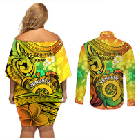 Halo Vanuatu Couples Matching Off Shoulder Short Dress and Long Sleeve Button Shirt Sand Drawing Turtle Polynesian Tropical Flowers LT14 - Polynesian Pride