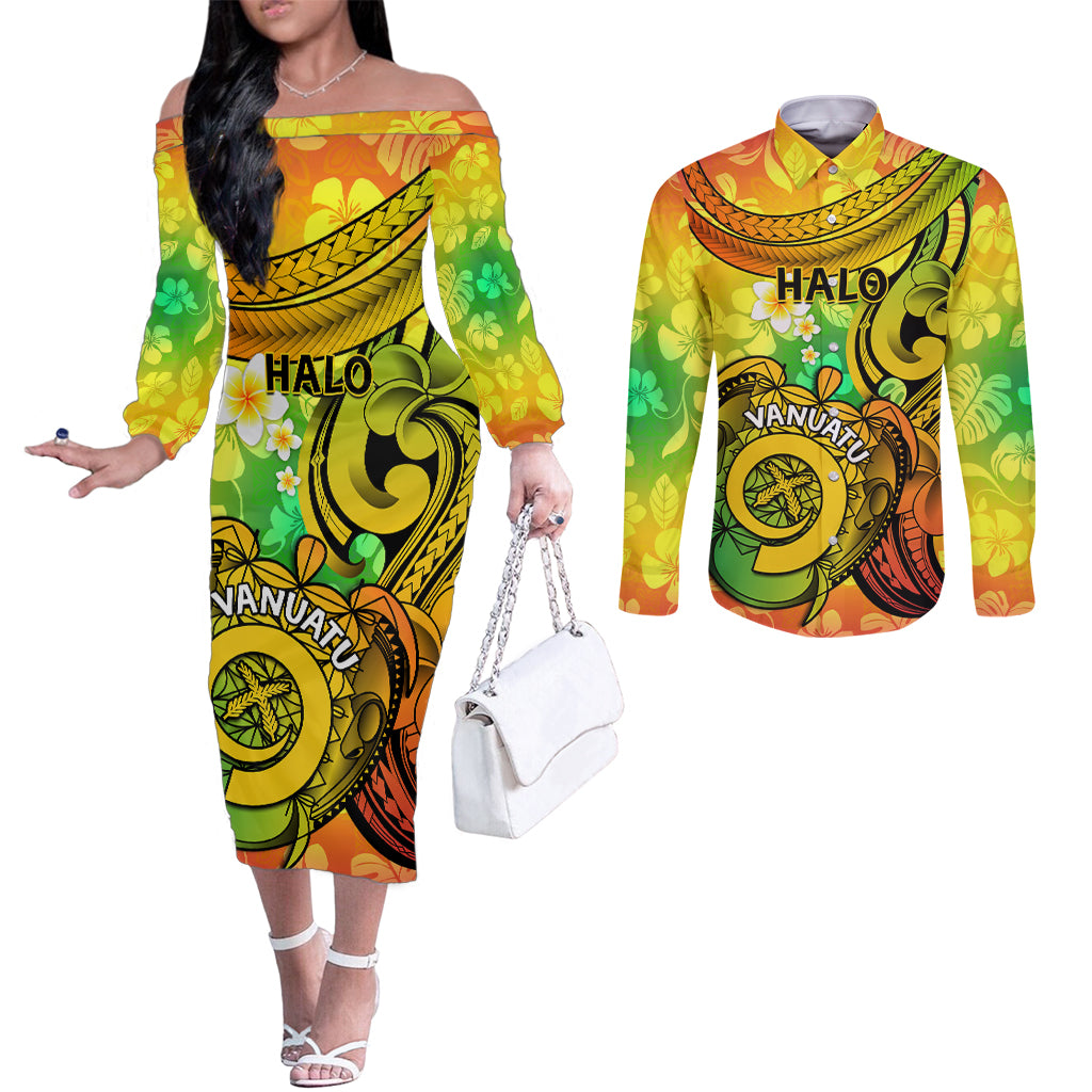 Halo Vanuatu Couples Matching Off The Shoulder Long Sleeve Dress and Long Sleeve Button Shirt Sand Drawing Turtle Polynesian Tropical Flowers LT14 Reggae - Polynesian Pride