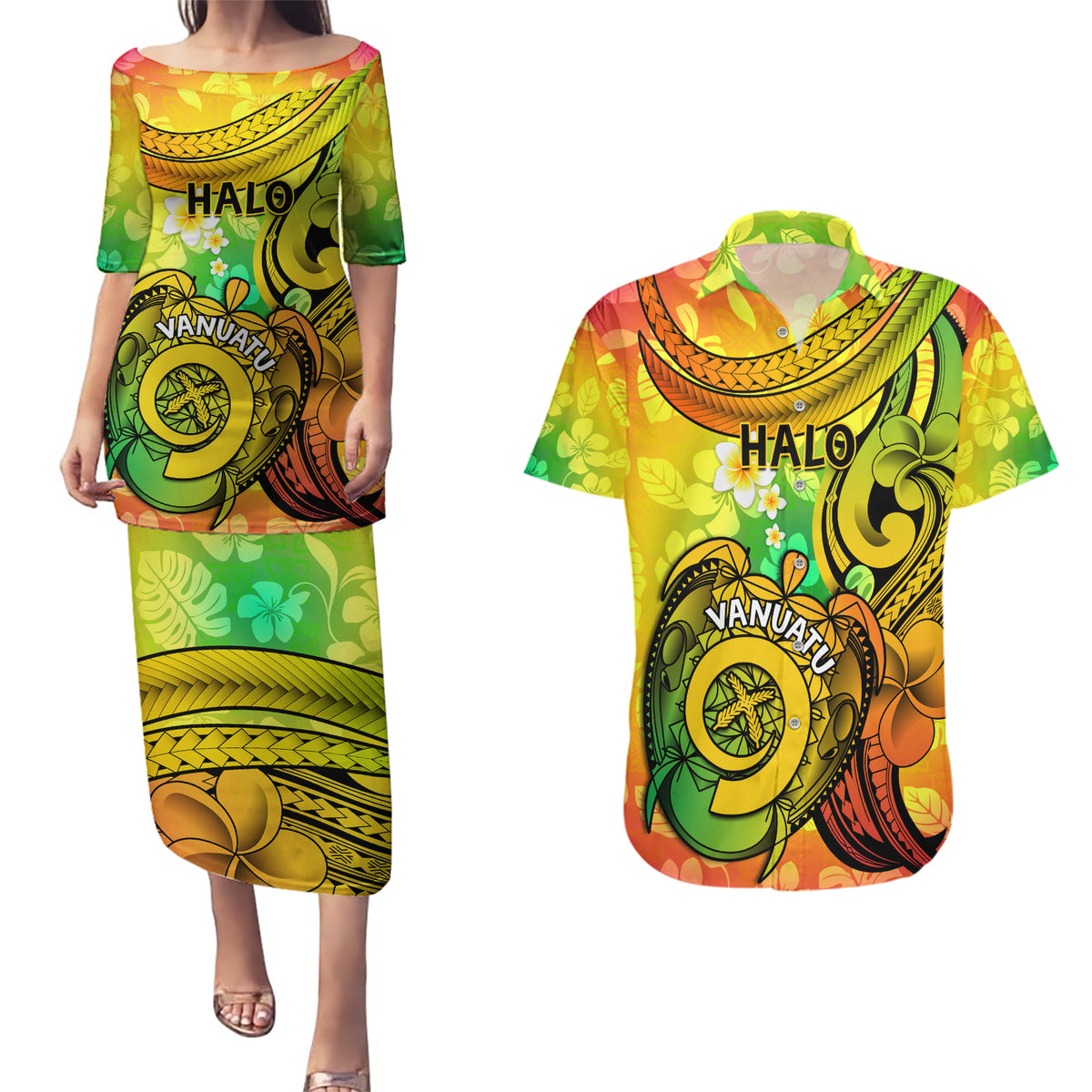 Halo Vanuatu Couples Matching Puletasi Dress and Hawaiian Shirt Sand Drawing Turtle Polynesian Tropical Flowers LT14 Reggae - Polynesian Pride
