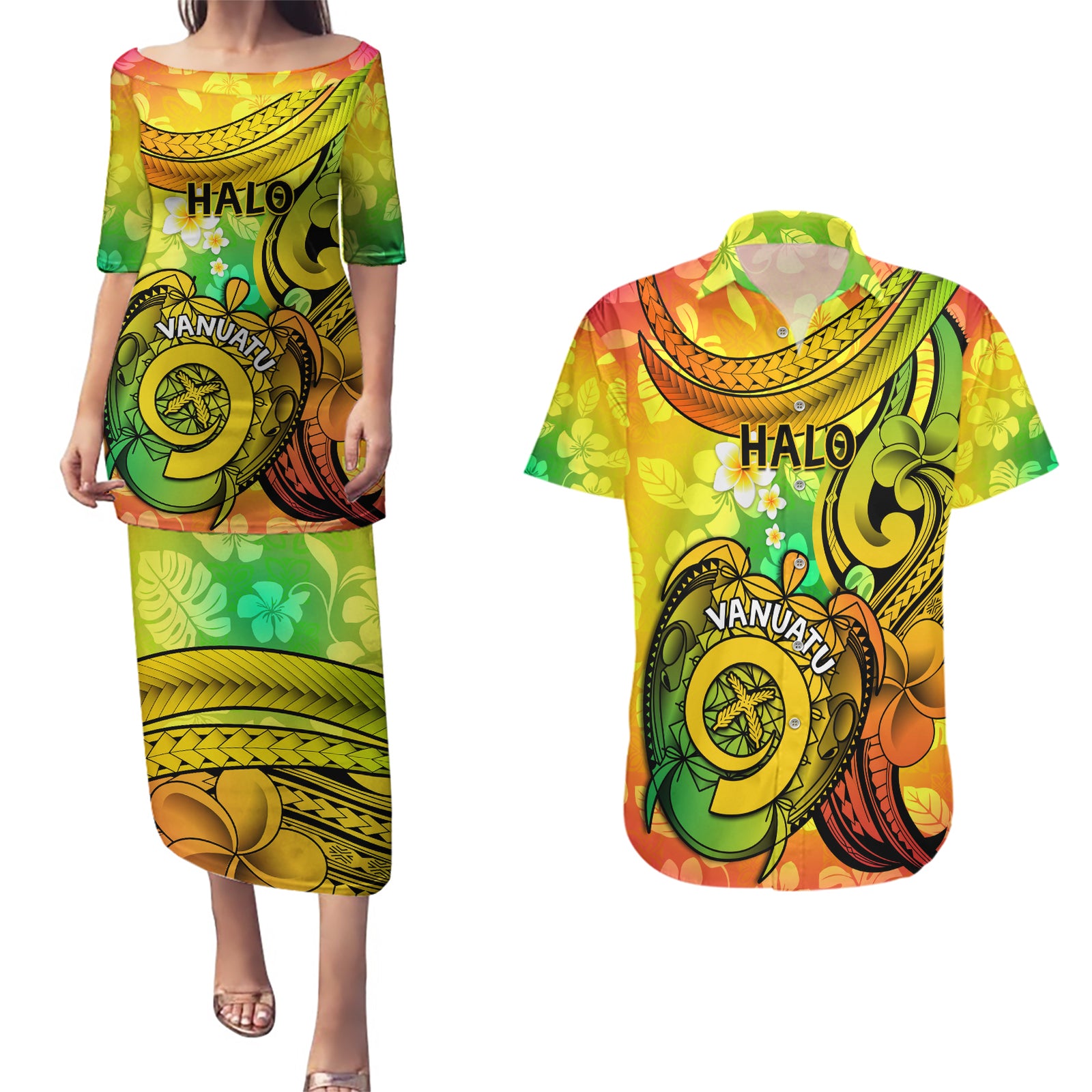 Halo Vanuatu Couples Matching Puletasi Dress and Hawaiian Shirt Sand Drawing Turtle Polynesian Tropical Flowers LT14 Reggae - Polynesian Pride