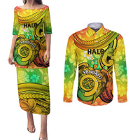 Halo Vanuatu Couples Matching Puletasi Dress and Long Sleeve Button Shirt Sand Drawing Turtle Polynesian Tropical Flowers LT14 Reggae - Polynesian Pride