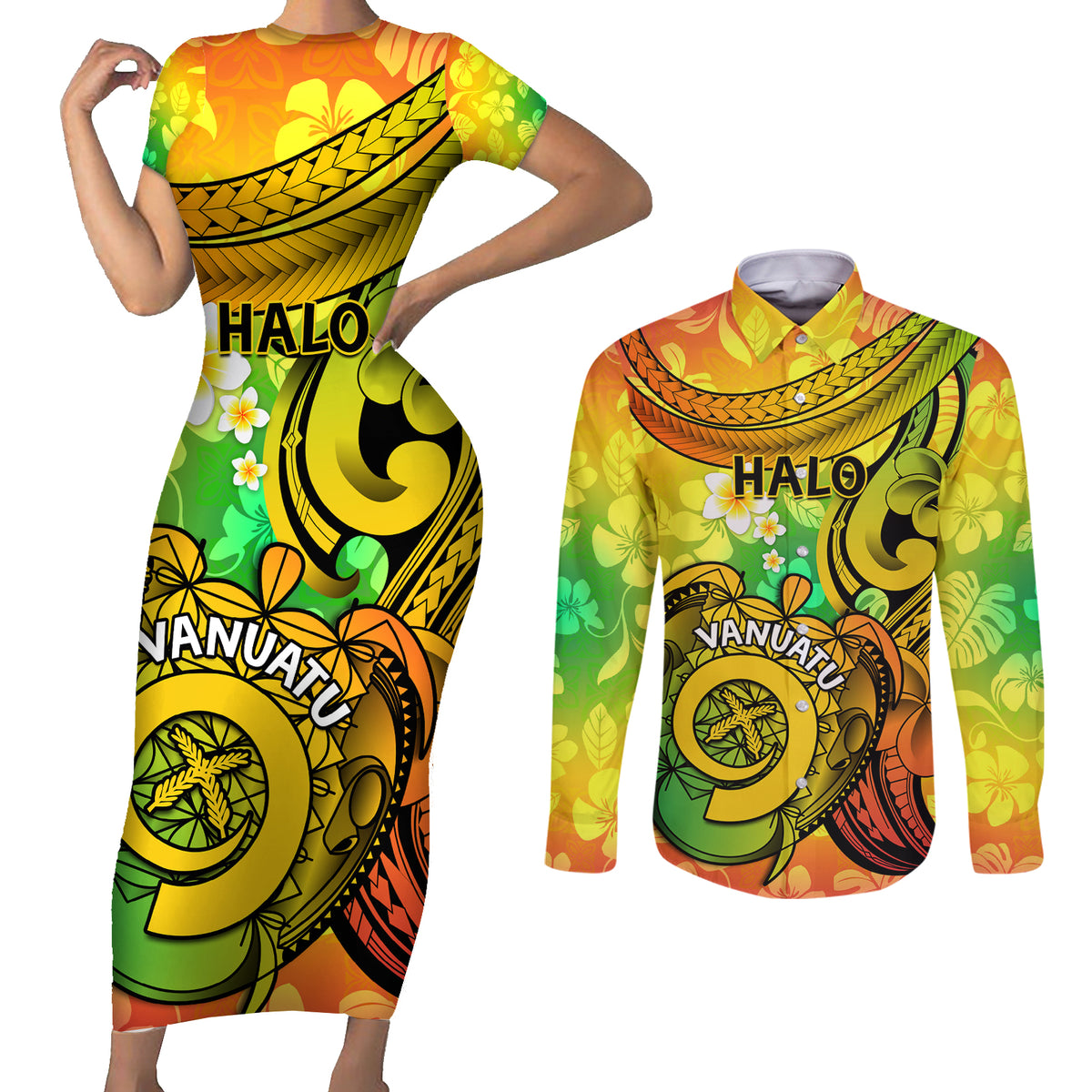 Halo Vanuatu Couples Matching Short Sleeve Bodycon Dress and Long Sleeve Button Shirt Sand Drawing Turtle Polynesian Tropical Flowers LT14 Reggae - Polynesian Pride