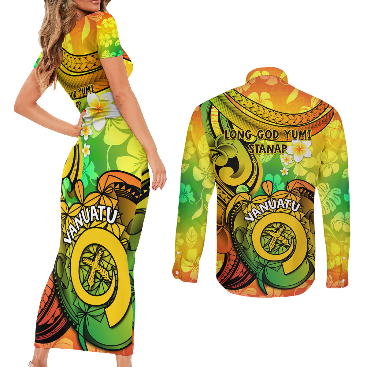 Halo Vanuatu Couples Matching Short Sleeve Bodycon Dress and Long Sleeve Button Shirt Sand Drawing Turtle Polynesian Tropical Flowers LT14 - Polynesian Pride
