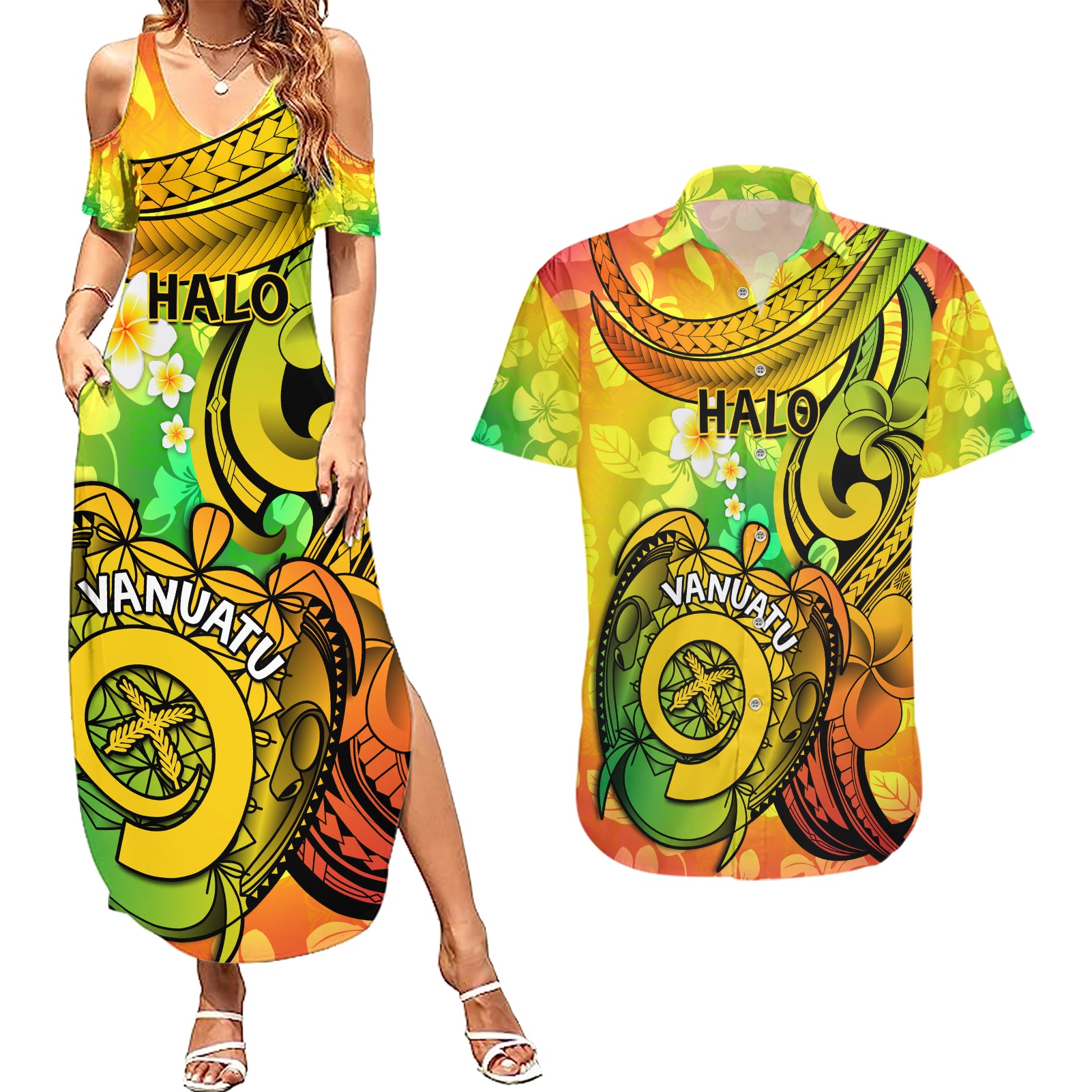 Halo Vanuatu Couples Matching Summer Maxi Dress and Hawaiian Shirt Sand Drawing Turtle Polynesian Tropical Flowers LT14 Reggae - Polynesian Pride