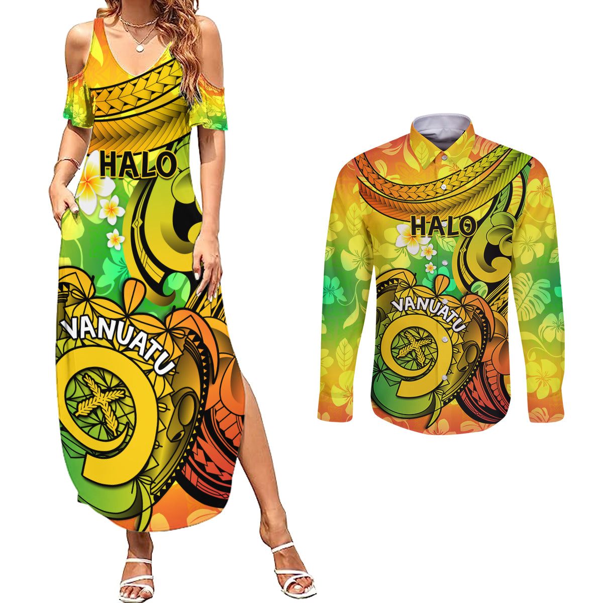 Halo Vanuatu Couples Matching Summer Maxi Dress and Long Sleeve Button Shirt Sand Drawing Turtle Polynesian Tropical Flowers LT14 Reggae - Polynesian Pride