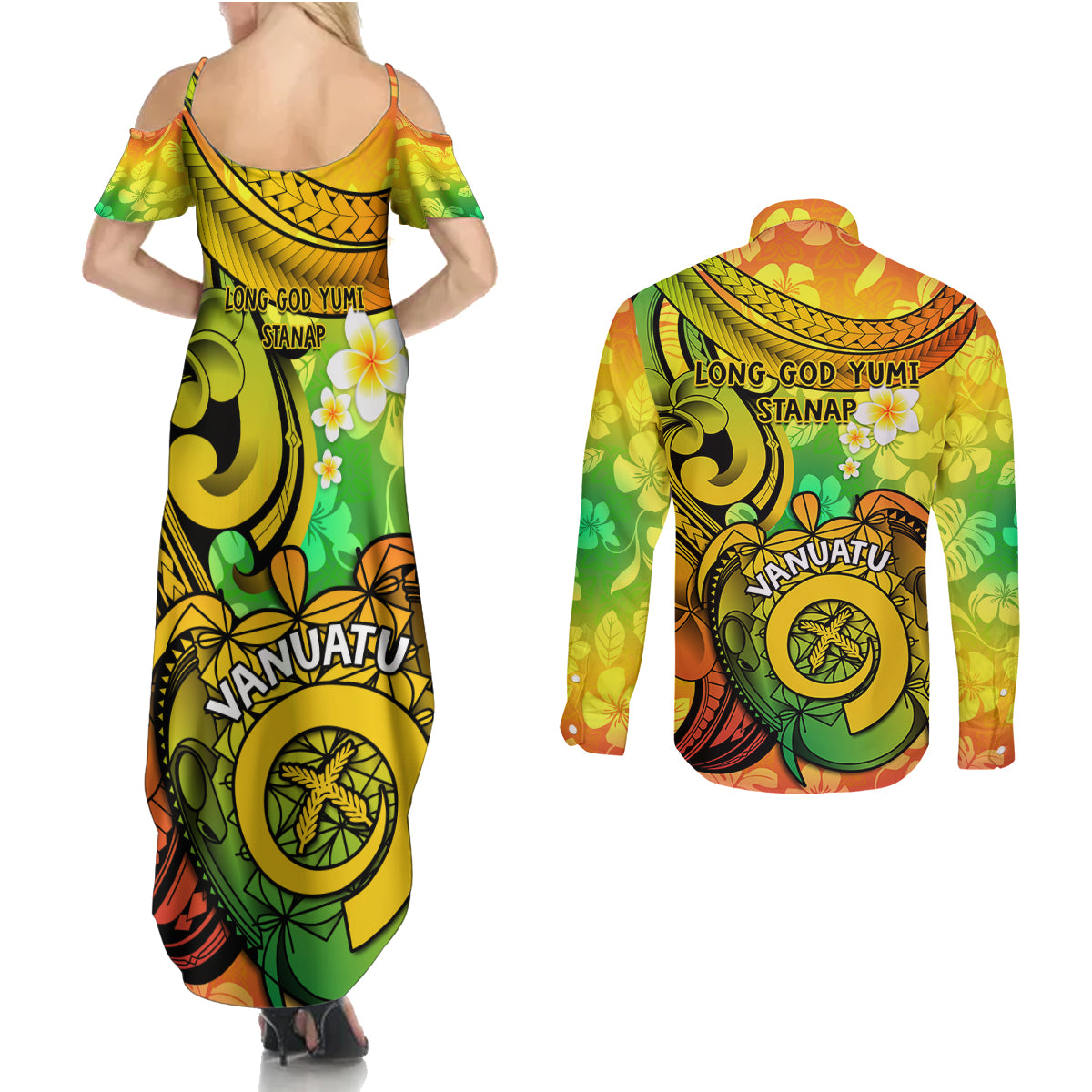 Halo Vanuatu Couples Matching Summer Maxi Dress and Long Sleeve Button Shirt Sand Drawing Turtle Polynesian Tropical Flowers LT14 - Polynesian Pride