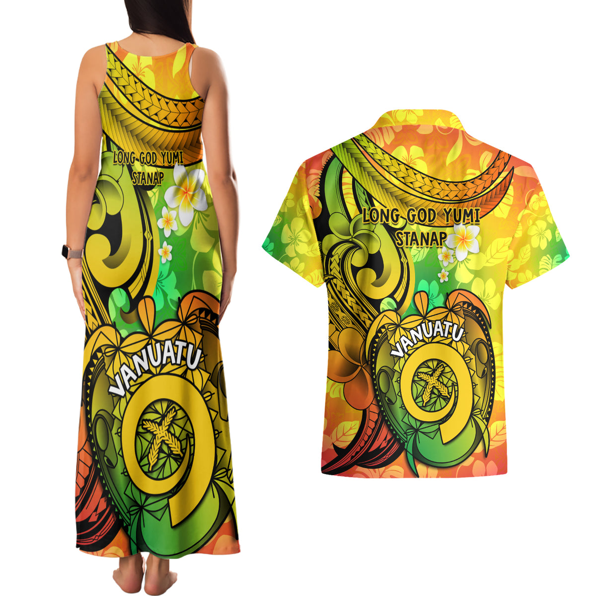Halo Vanuatu Couples Matching Tank Maxi Dress and Hawaiian Shirt Sand Drawing Turtle Polynesian Tropical Flowers LT14 - Polynesian Pride