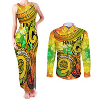 Halo Vanuatu Couples Matching Tank Maxi Dress and Long Sleeve Button Shirt Sand Drawing Turtle Polynesian Tropical Flowers LT14 Reggae - Polynesian Pride