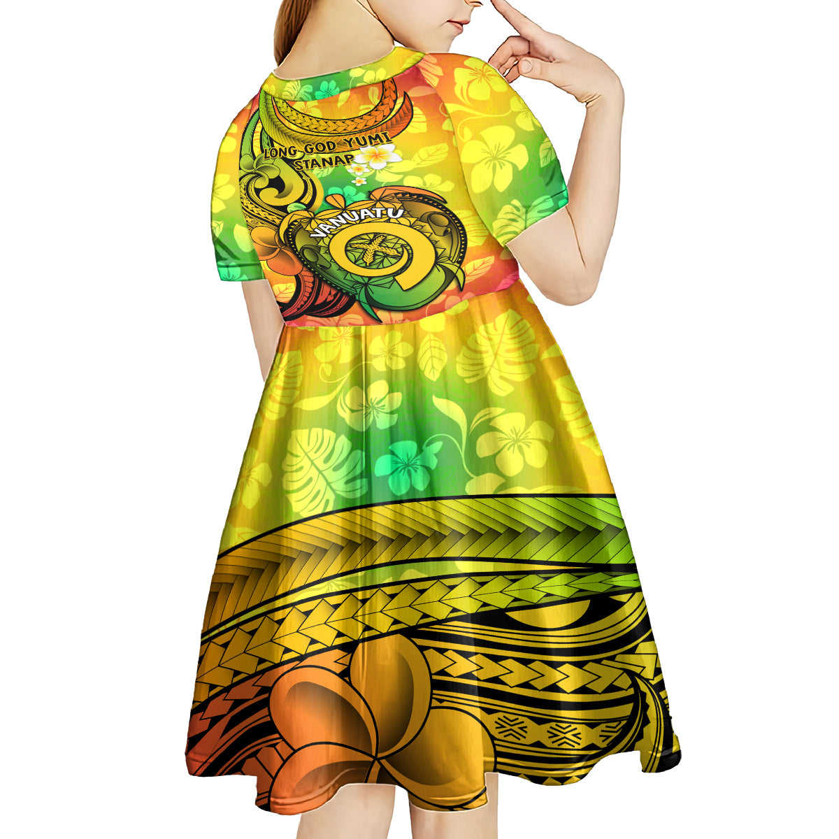 Halo Vanuatu Kid Short Sleeve Dress Sand Drawing Turtle Polynesian Tropical Flowers LT14 - Polynesian Pride
