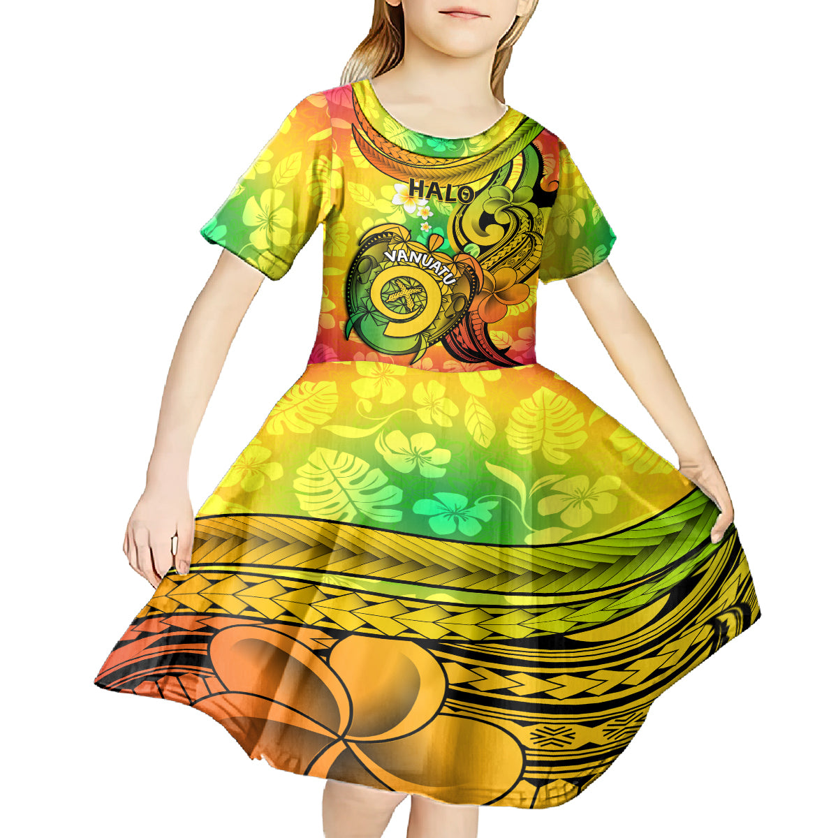Halo Vanuatu Kid Short Sleeve Dress Sand Drawing Turtle Polynesian Tropical Flowers LT14 - Polynesian Pride