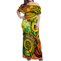 Halo Vanuatu Off Shoulder Maxi Dress Sand Drawing Turtle Polynesian Tropical Flowers LT14 Women Reggae - Polynesian Pride