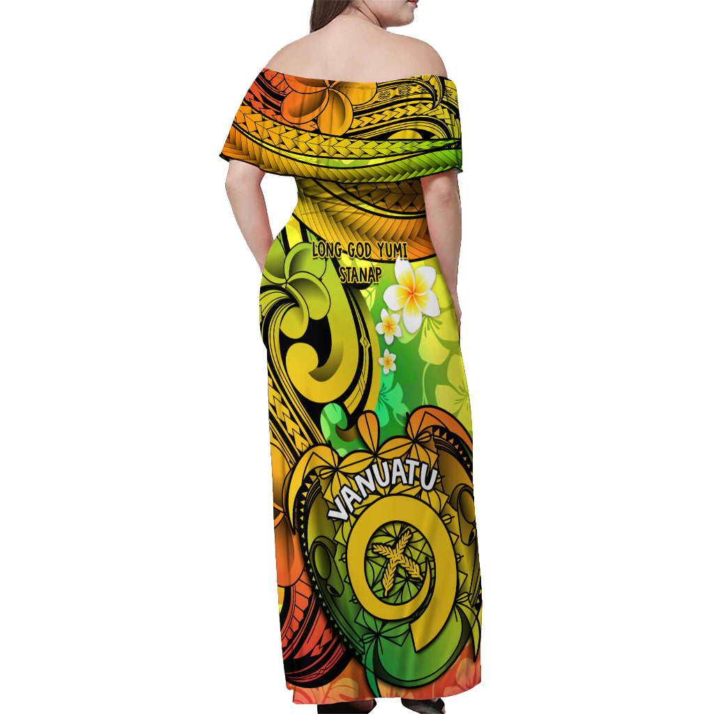 Halo Vanuatu Off Shoulder Maxi Dress Sand Drawing Turtle Polynesian Tropical Flowers LT14 - Polynesian Pride