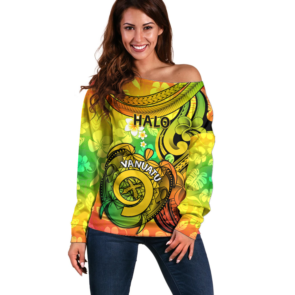 Halo Vanuatu Off Shoulder Sweater Sand Drawing Turtle Polynesian Tropical Flowers LT14 Women Reggae - Polynesian Pride