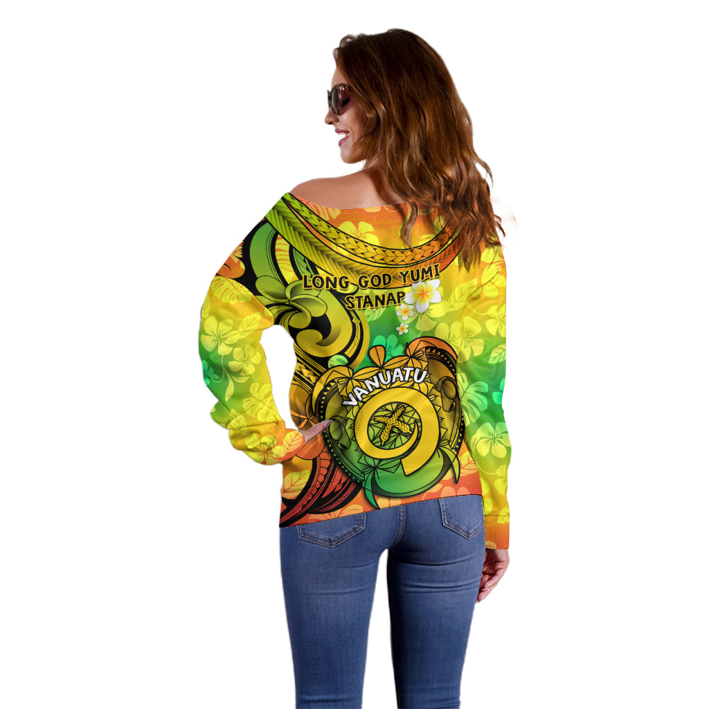 Halo Vanuatu Off Shoulder Sweater Sand Drawing Turtle Polynesian Tropical Flowers LT14 - Polynesian Pride