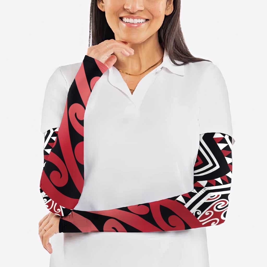 New Zealand Arm Sleeves Aotearoa Kowhaiwhai Mix Taniko Art - Red - Polynesian Pride