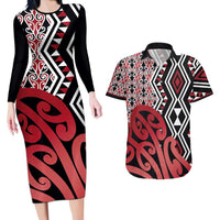 New Zealand Couples Matching Long Sleeve Bodycon Dress and Hawaiian Shirt Aotearoa Kowhaiwhai Mix Taniko Art - Red LT14 Red - Polynesian Pride