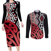 New Zealand Couples Matching Long Sleeve Bodycon Dress and Long Sleeve Button Shirt Aotearoa Kowhaiwhai Mix Taniko Art - Red LT14 Red - Polynesian Pride