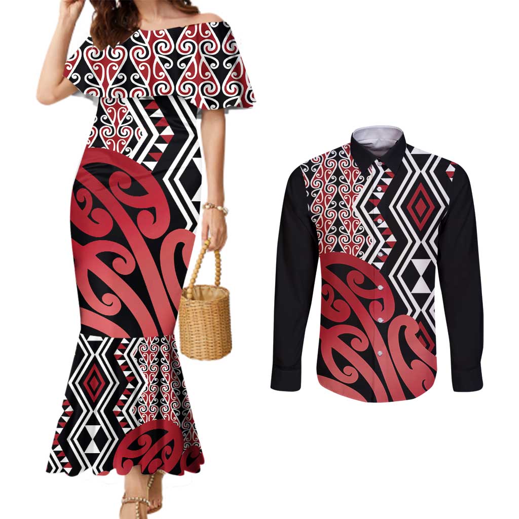 New Zealand Couples Matching Mermaid Dress and Long Sleeve Button Shirt Aotearoa Kowhaiwhai Mix Taniko Art - Red LT14 Red - Polynesian Pride