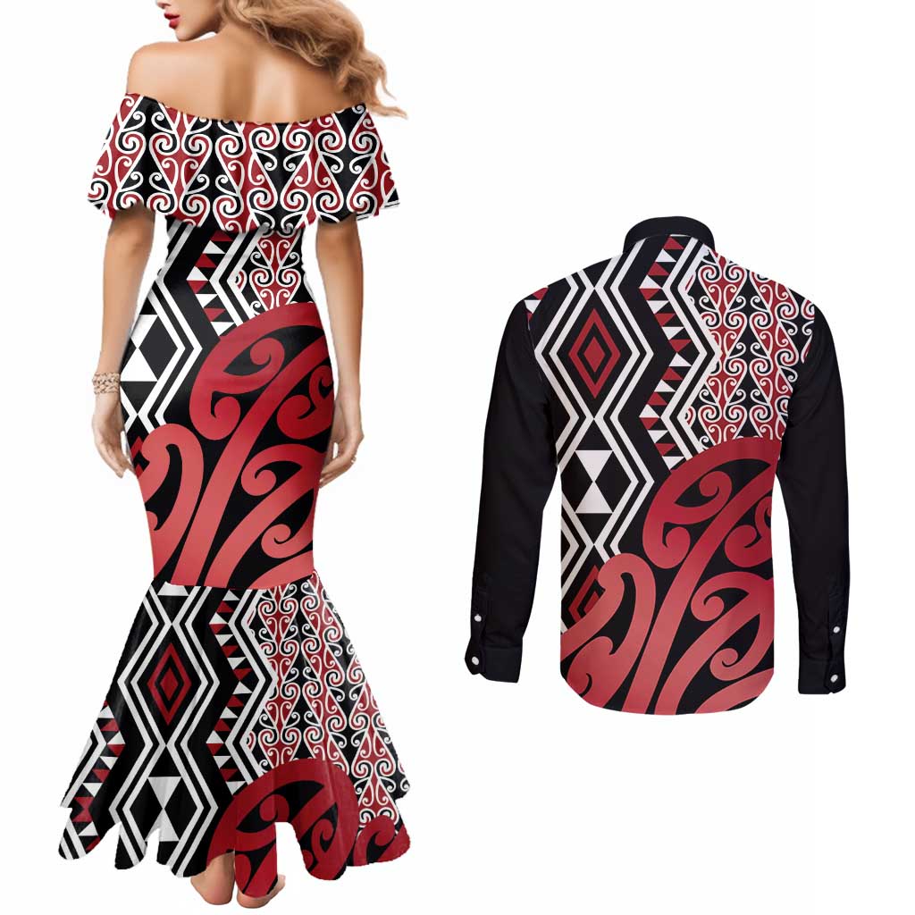 New Zealand Couples Matching Mermaid Dress and Long Sleeve Button Shirt Aotearoa Kowhaiwhai Mix Taniko Art - Red LT14 - Polynesian Pride
