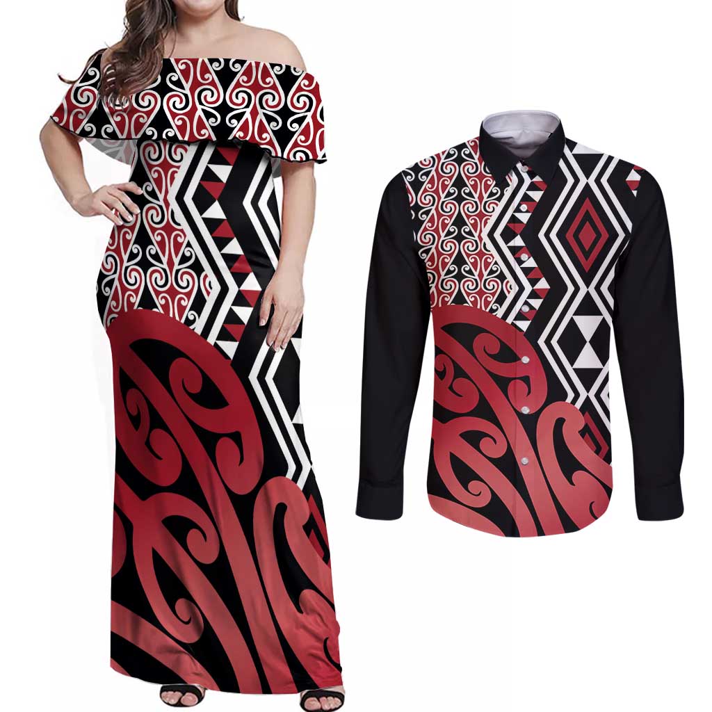 New Zealand Couples Matching Off Shoulder Maxi Dress and Long Sleeve Button Shirt Aotearoa Kowhaiwhai Mix Taniko Art - Red LT14 Red - Polynesian Pride