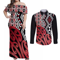 New Zealand Couples Matching Off Shoulder Maxi Dress and Long Sleeve Button Shirt Aotearoa Kowhaiwhai Mix Taniko Art - Red LT14 Red - Polynesian Pride