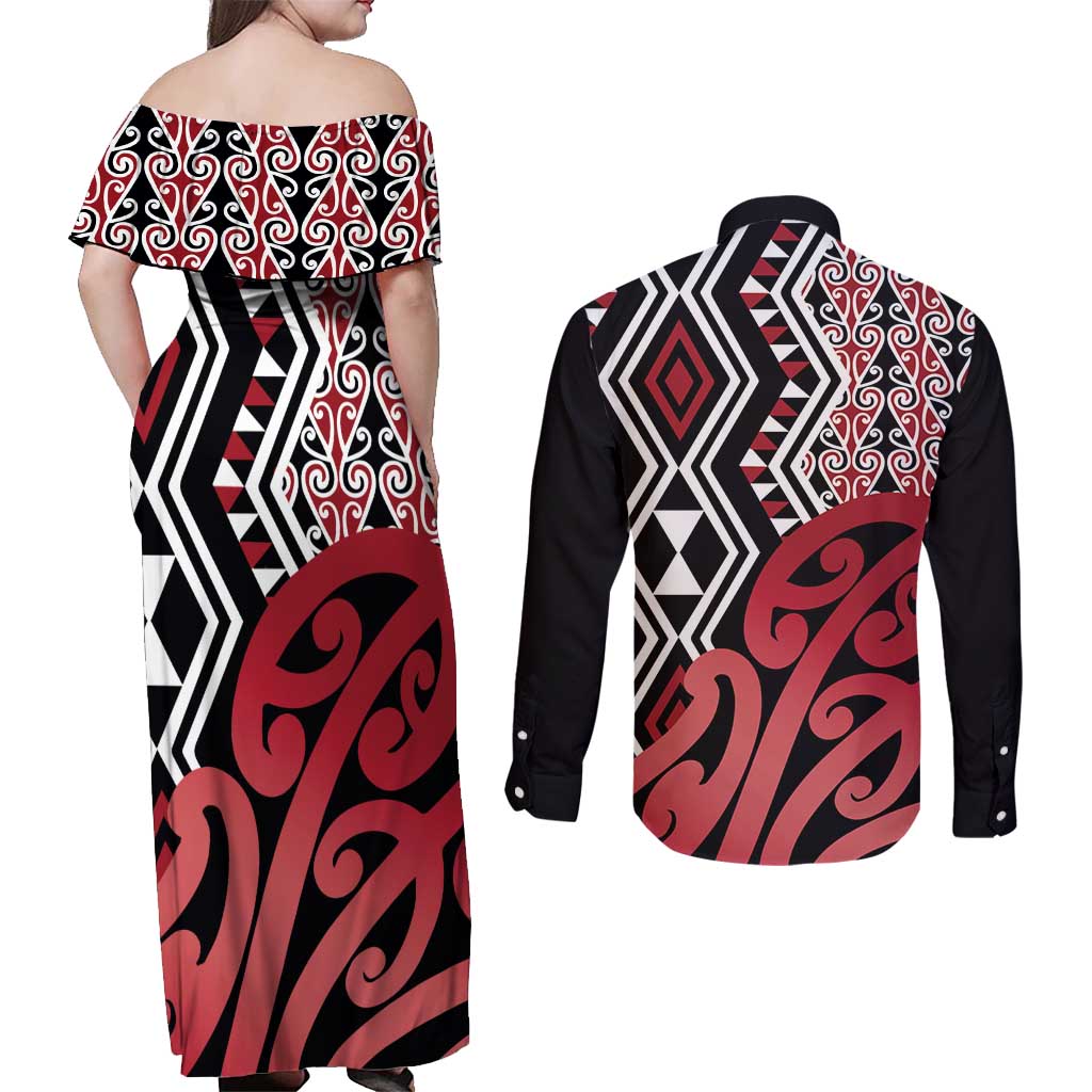 New Zealand Couples Matching Off Shoulder Maxi Dress and Long Sleeve Button Shirt Aotearoa Kowhaiwhai Mix Taniko Art - Red LT14 - Polynesian Pride