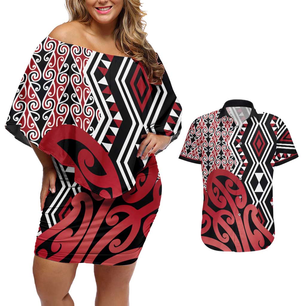New Zealand Couples Matching Off Shoulder Short Dress and Hawaiian Shirt Aotearoa Kowhaiwhai Mix Taniko Art - Red LT14 Red - Polynesian Pride