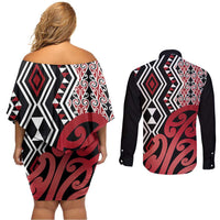New Zealand Couples Matching Off Shoulder Short Dress and Long Sleeve Button Shirt Aotearoa Kowhaiwhai Mix Taniko Art - Red LT14 - Polynesian Pride