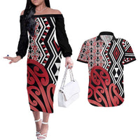 New Zealand Couples Matching Off The Shoulder Long Sleeve Dress and Hawaiian Shirt Aotearoa Kowhaiwhai Mix Taniko Art - Red LT14 Red - Polynesian Pride