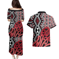 New Zealand Couples Matching Puletasi and Hawaiian Shirt Aotearoa Kowhaiwhai Mix Taniko Art - Red LT14 - Polynesian Pride