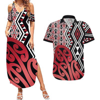 New Zealand Couples Matching Summer Maxi Dress and Hawaiian Shirt Aotearoa Kowhaiwhai Mix Taniko Art - Red LT14 Red - Polynesian Pride