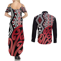 New Zealand Couples Matching Summer Maxi Dress and Long Sleeve Button Shirt Aotearoa Kowhaiwhai Mix Taniko Art - Red LT14 - Polynesian Pride